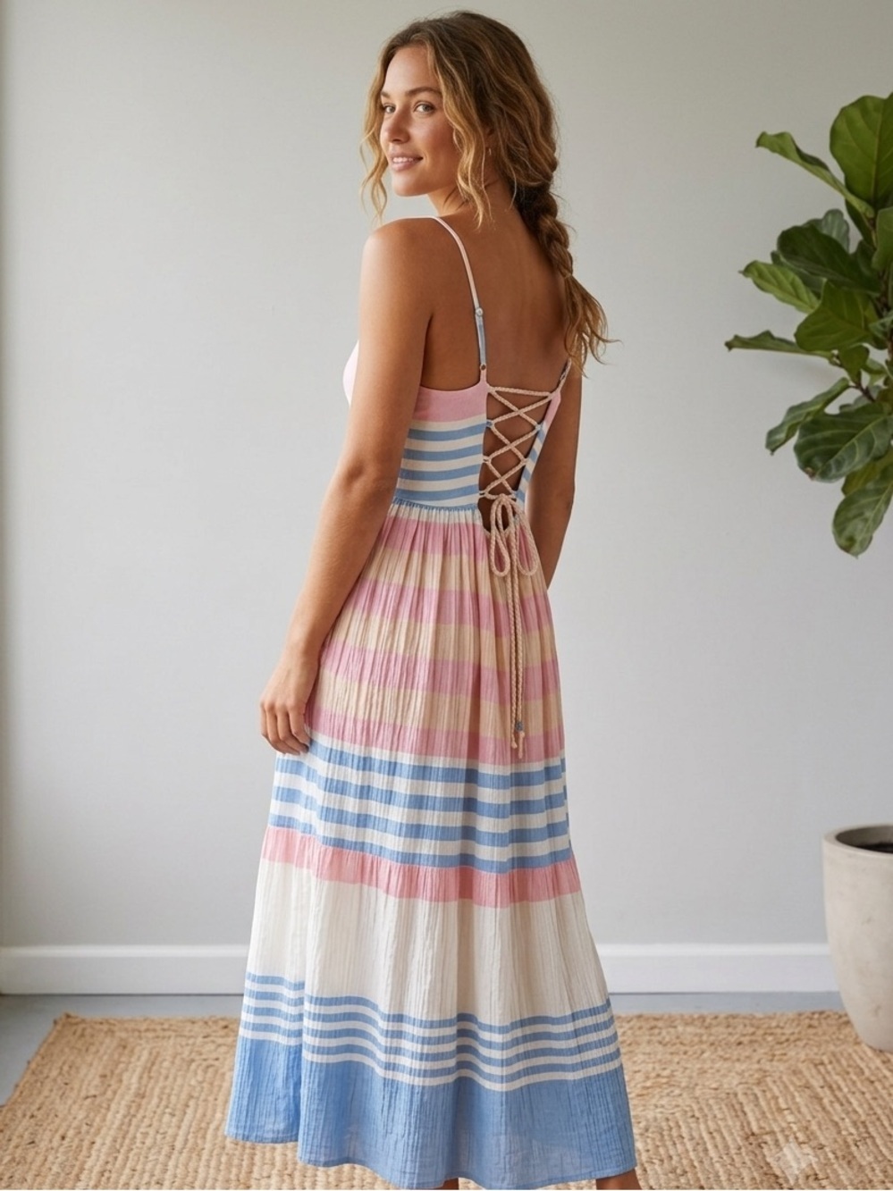Mara Hoffman Pink, Blue & Cream Striped Sundress with open back size small